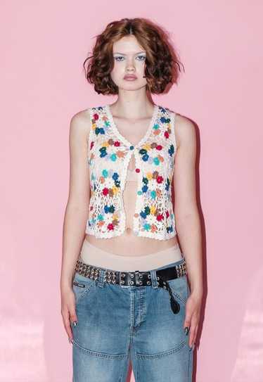 Vintage Y2K festival flower power crochet crop to… - image 1