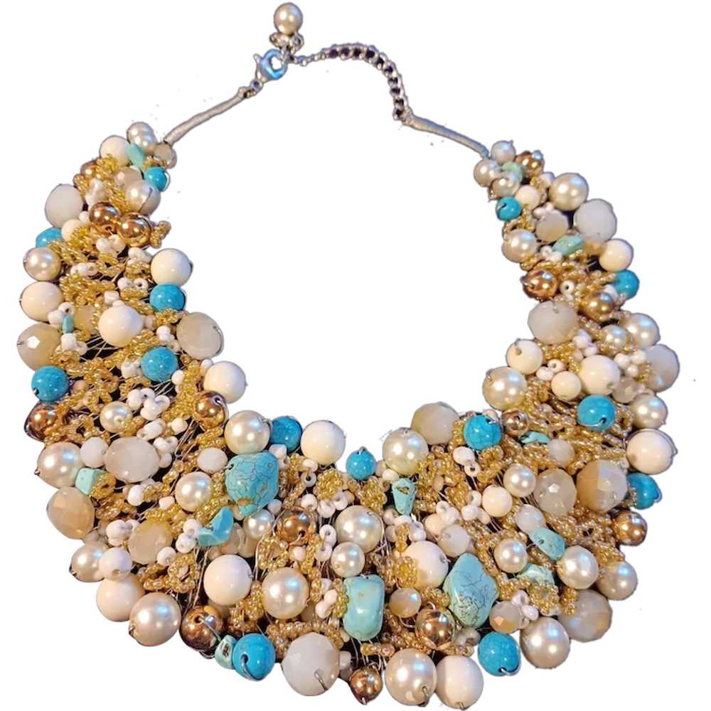 Aldo Large Blue White Goldtone Silvertone Beaded … - image 1