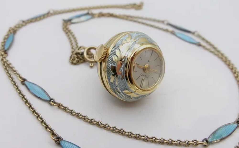 Vintage HENO gold filled Enamel Ball Watch Pendan… - image 4