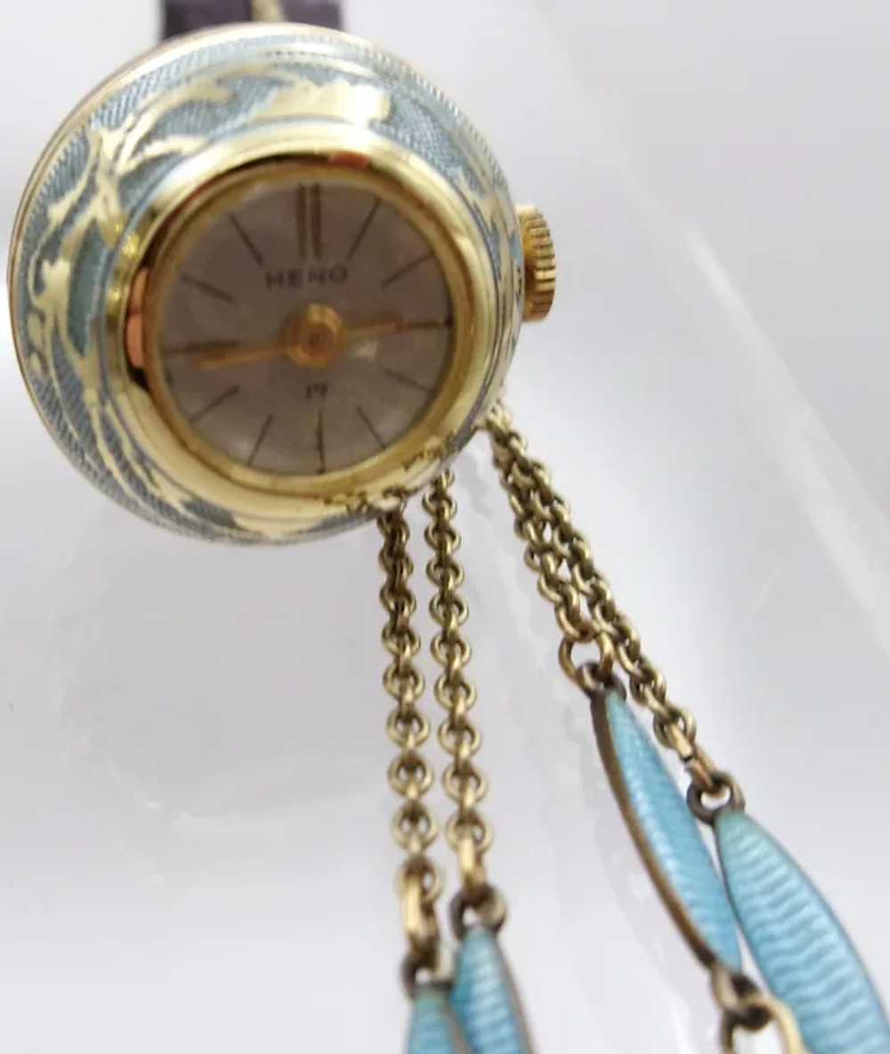 Vintage HENO gold filled Enamel Ball Watch Pendan… - image 5