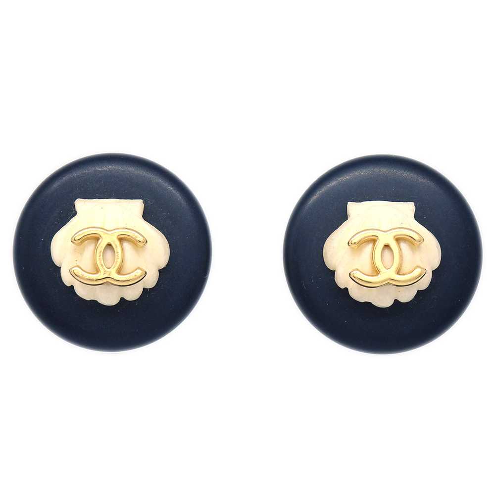 CHANEL Shell Button Earrings Clip-On Black 96C 11… - image 1
