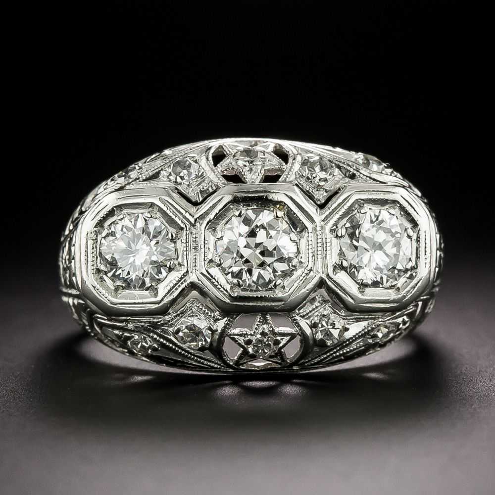 Art Deco Stars and Flowers Three-Stone Diamond Ri… - image 1