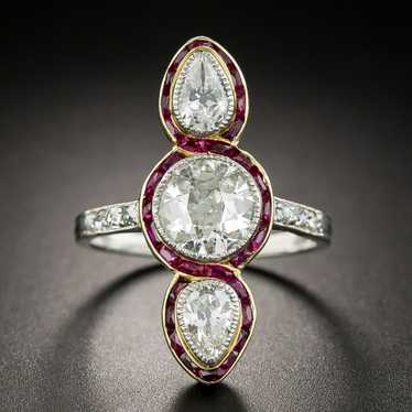 Edwardian Unique Three-Stone Diamond and Ruby Ring - image 1