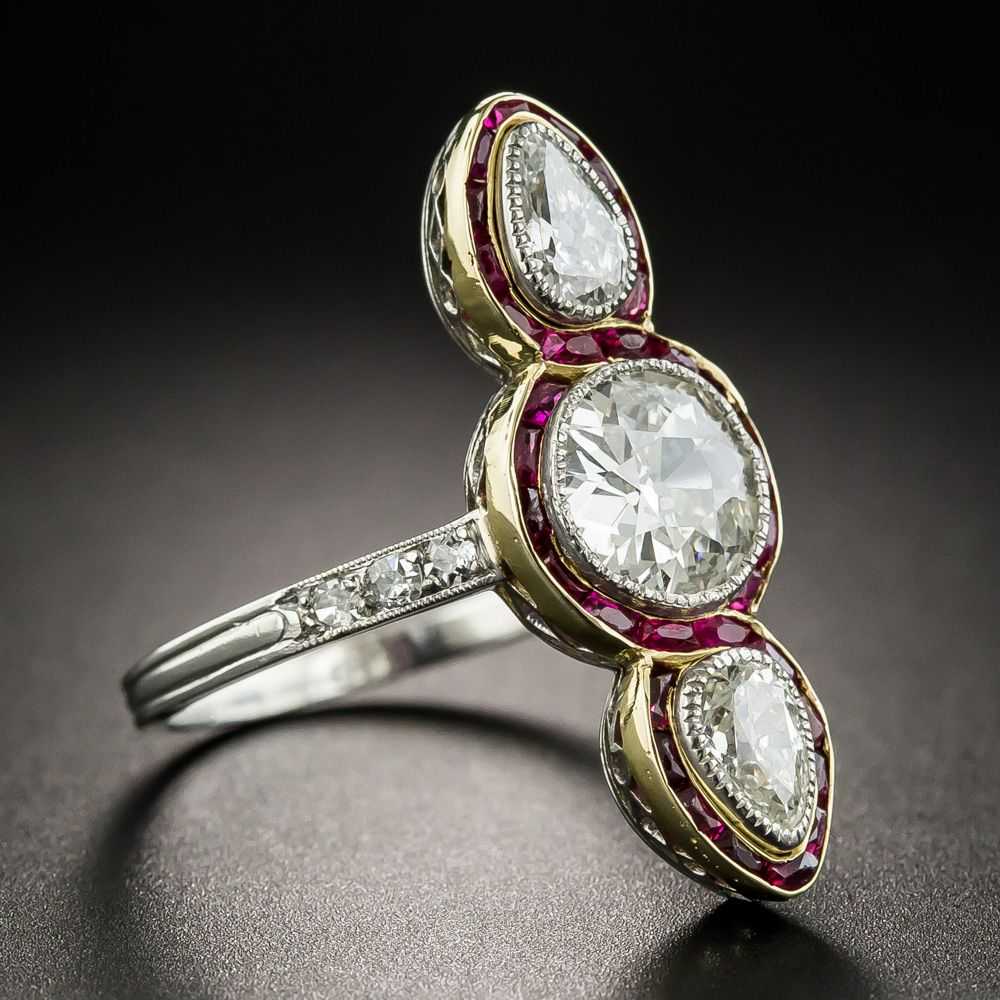 Edwardian Unique Three-Stone Diamond and Ruby Ring - image 2