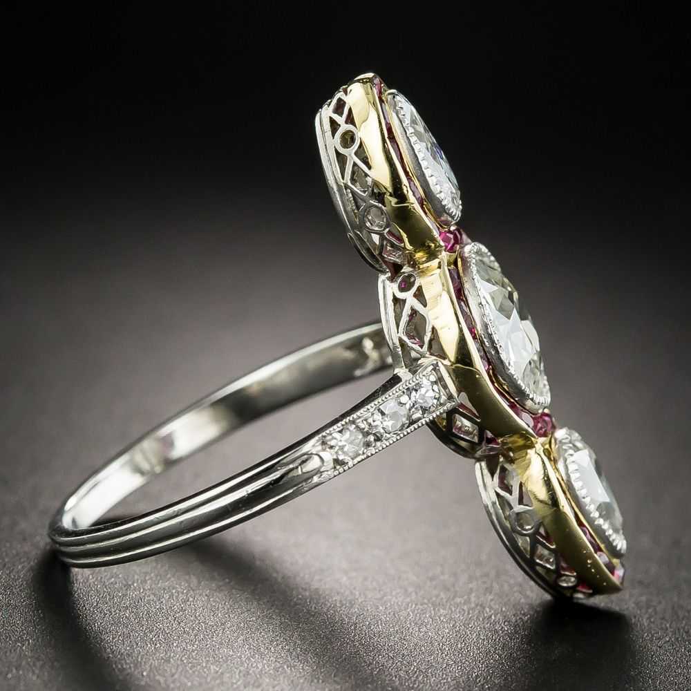 Edwardian Unique Three-Stone Diamond and Ruby Ring - image 3