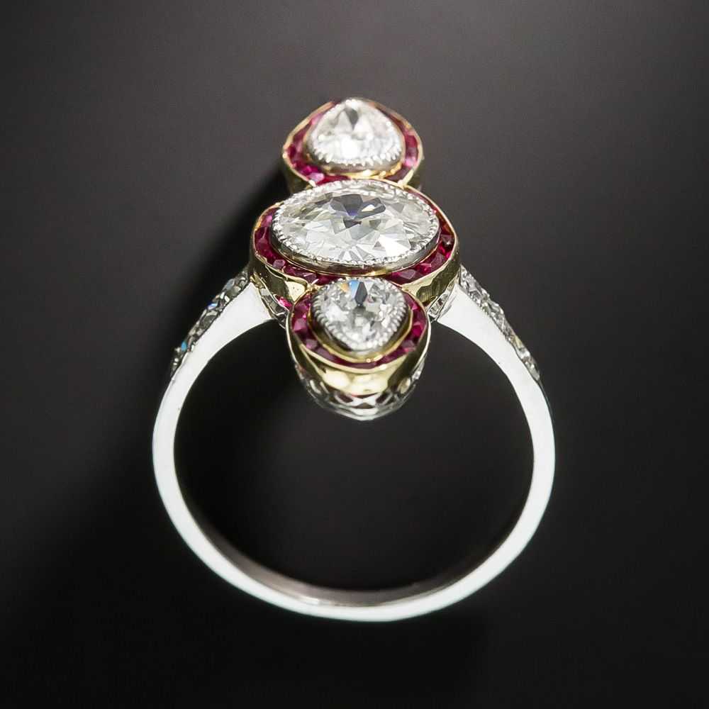 Edwardian Unique Three-Stone Diamond and Ruby Ring - image 4