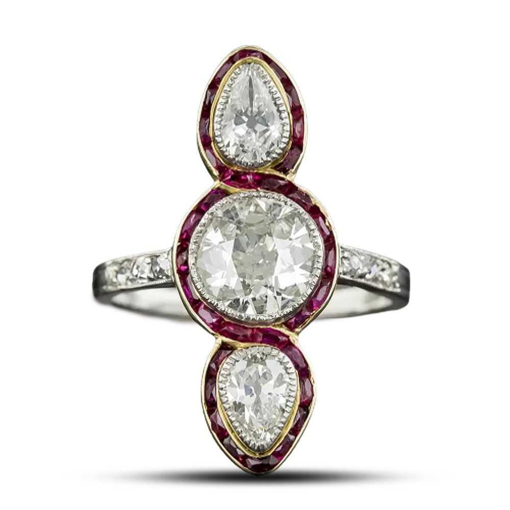 Edwardian Unique Three-Stone Diamond and Ruby Ring - image 5