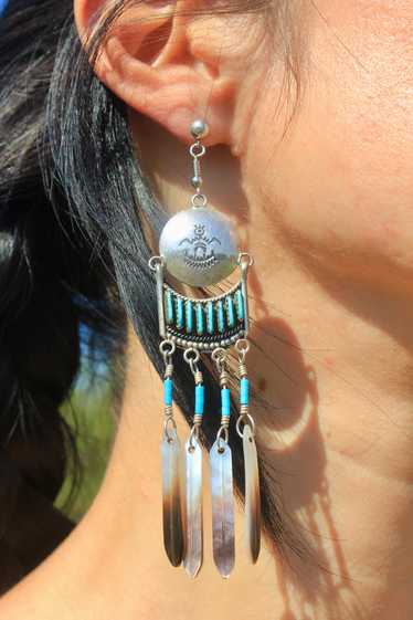 Vintage Zuni Sterling and Turquoise Long Feather D