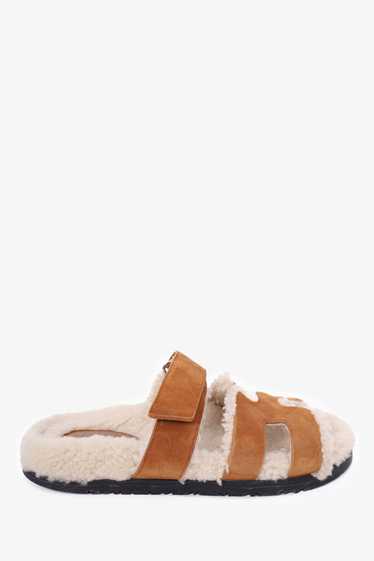 Hermès Brown Suede Shearling Chypre Sandals Size 3