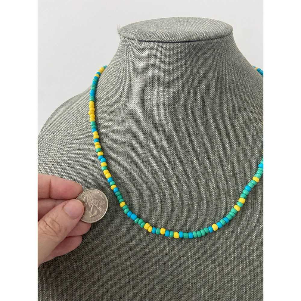 Handmade Blue teal and yellow beaded necklace - image 2