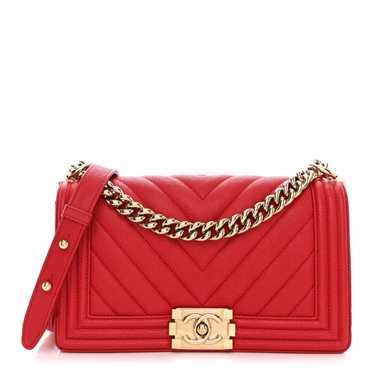 CHANEL Caviar Chevron Quilted Medium Boy Flap Red