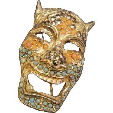 Fabulous Vintage Unsigned Blingy Mask Face Brooch 