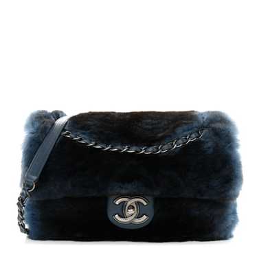 CHANEL Rabbit Fur Medium Single Flap Navy Blue