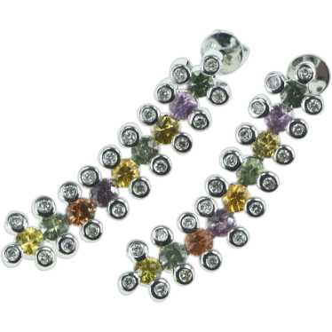 18K Multi Colored Sapphire Diamond Dangle Earrings