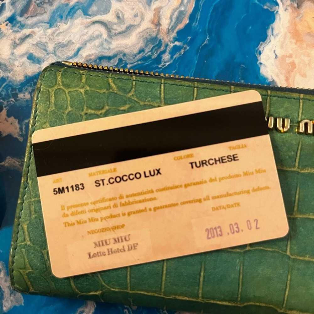 Miu Miu Miu Miu zippy green long wallet w/ blue &… - image 10