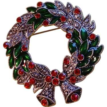 Holiday Red Rhinestones Green Enameled SIlvertone… - image 1