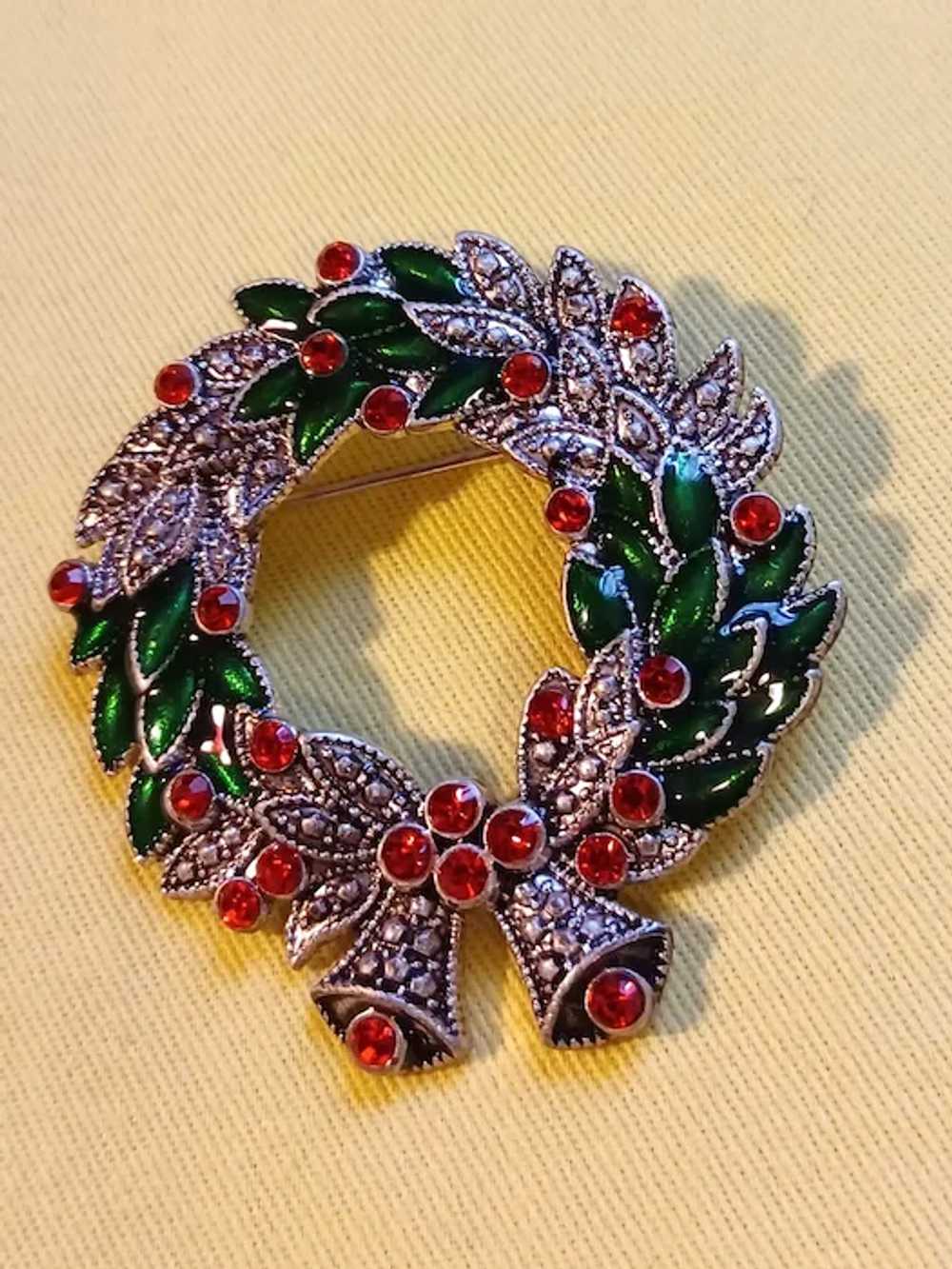 Holiday Red Rhinestones Green Enameled SIlvertone… - image 2