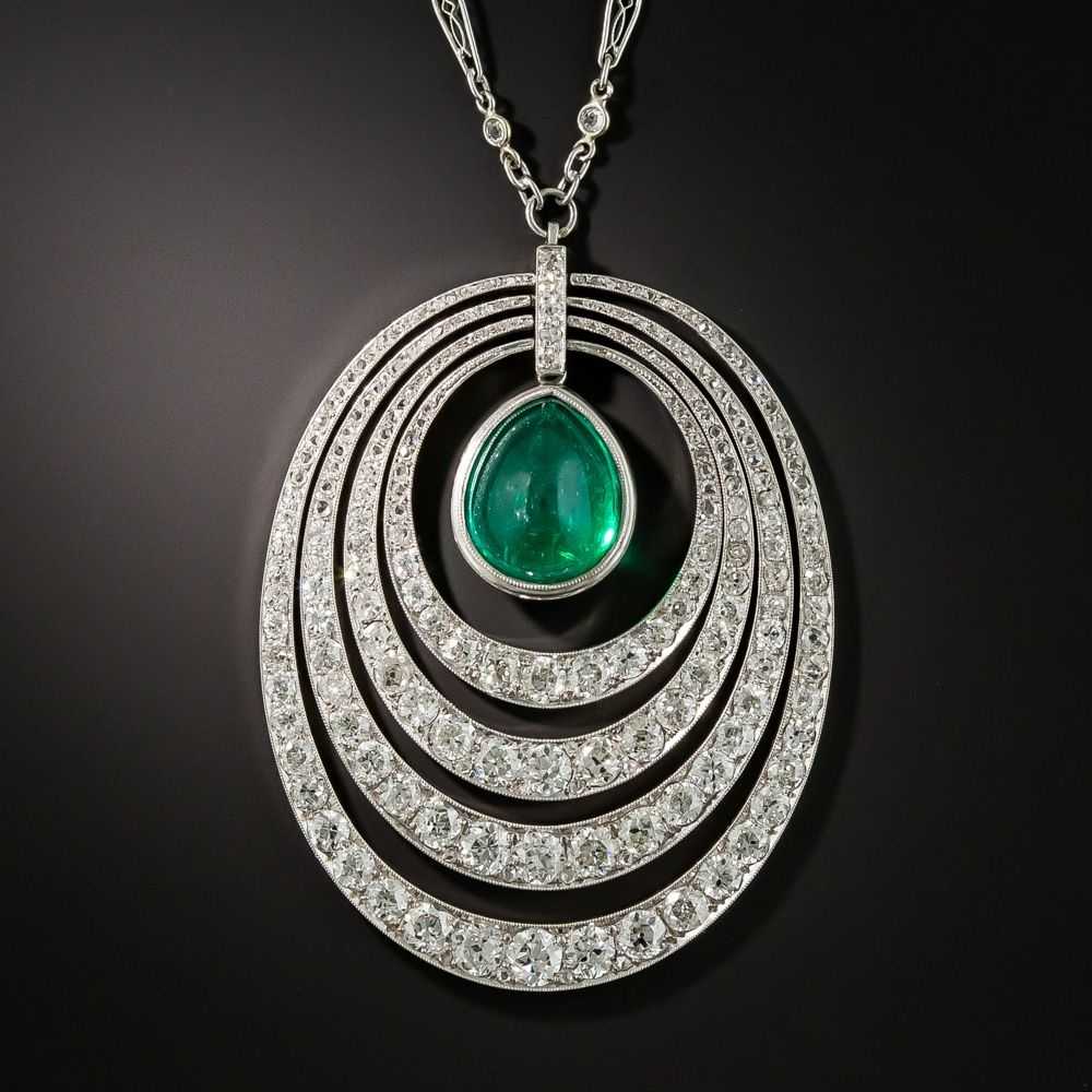 Art Deco 6.61 Carat Cabochon Emerald and Diamond … - image 2