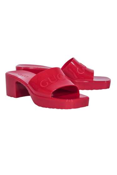 Gucci - Red Rubber Logo Platform Slide Sandals Sz 