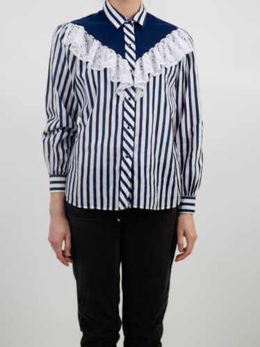 1980s Navy Blue and White Cotton Western Shirt