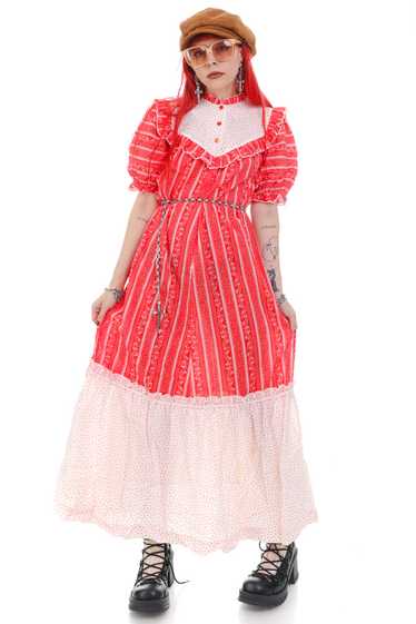 Vintage 80's Red & White Pattern Ruffle Maxi Dress