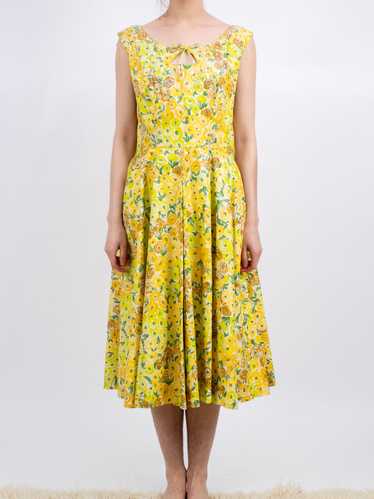 1950s Bright Yellow and Green Cotton Sundress with