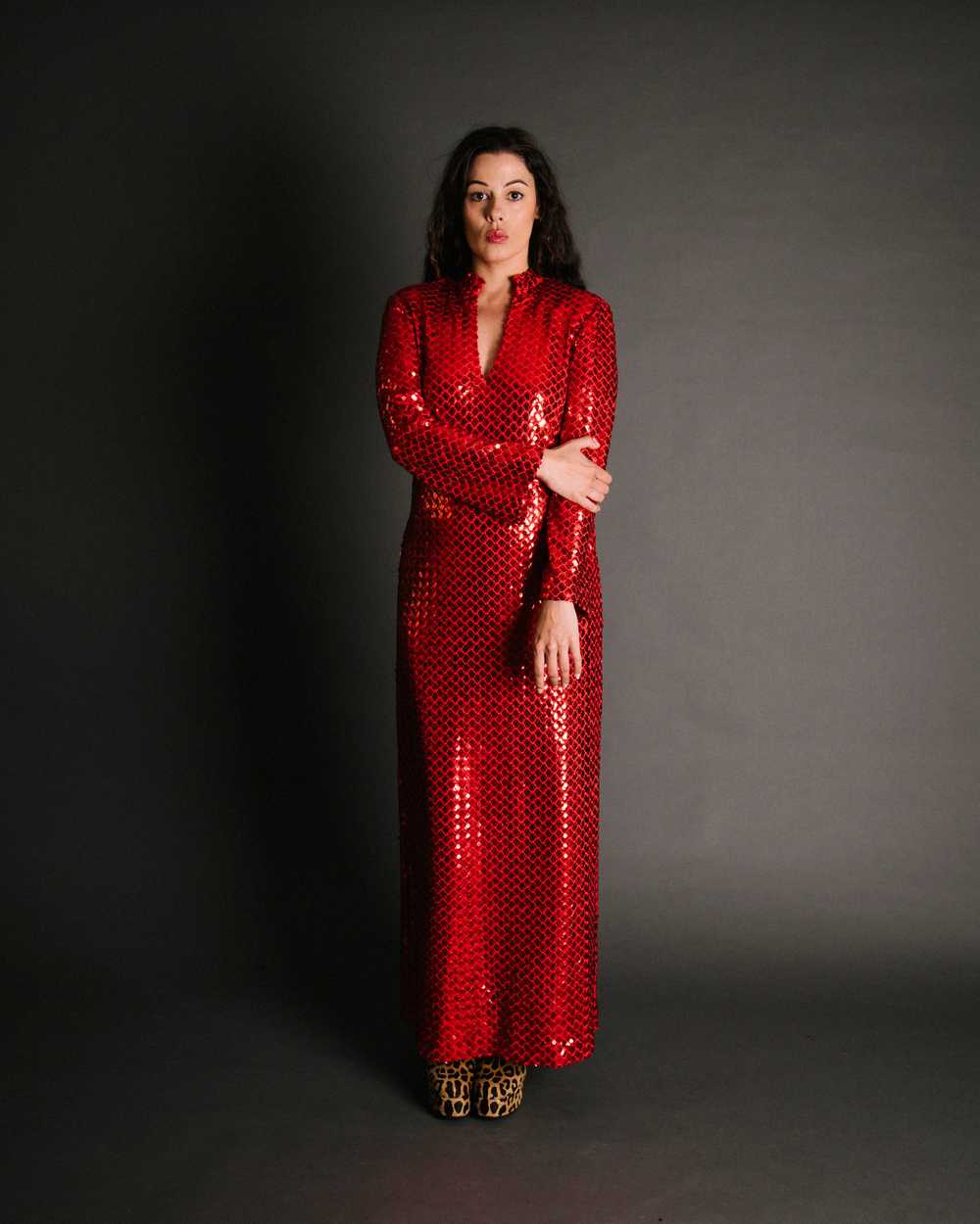 70s Lillie Rubin Red Sequin Dress L - image 6