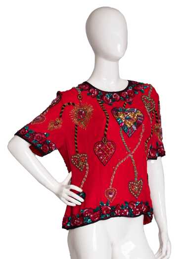 90s Red Silk Sequin Top L