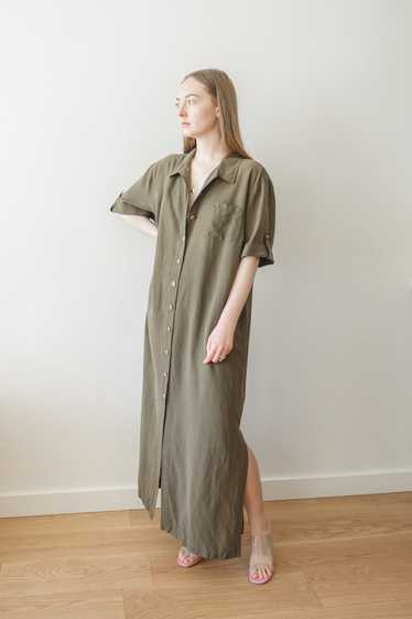 Olive Green Silk Oversized Button Up Dress