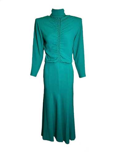 Galanos 80s Emerald Green Gown w/ Woven Front Deta