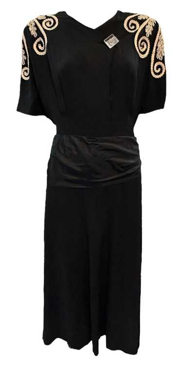 1940s Black Crepe Hollywood Noir Dress with Soutac