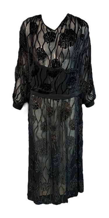 20s Black Cut Velvet Drop Waist Flapper Dress with