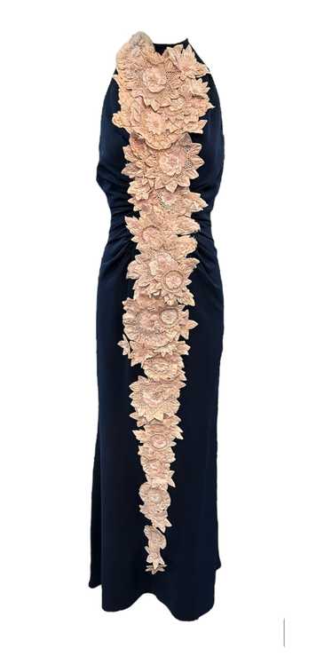 Carolina Herrera 2000s Navy Blue Silk Halter Gown 