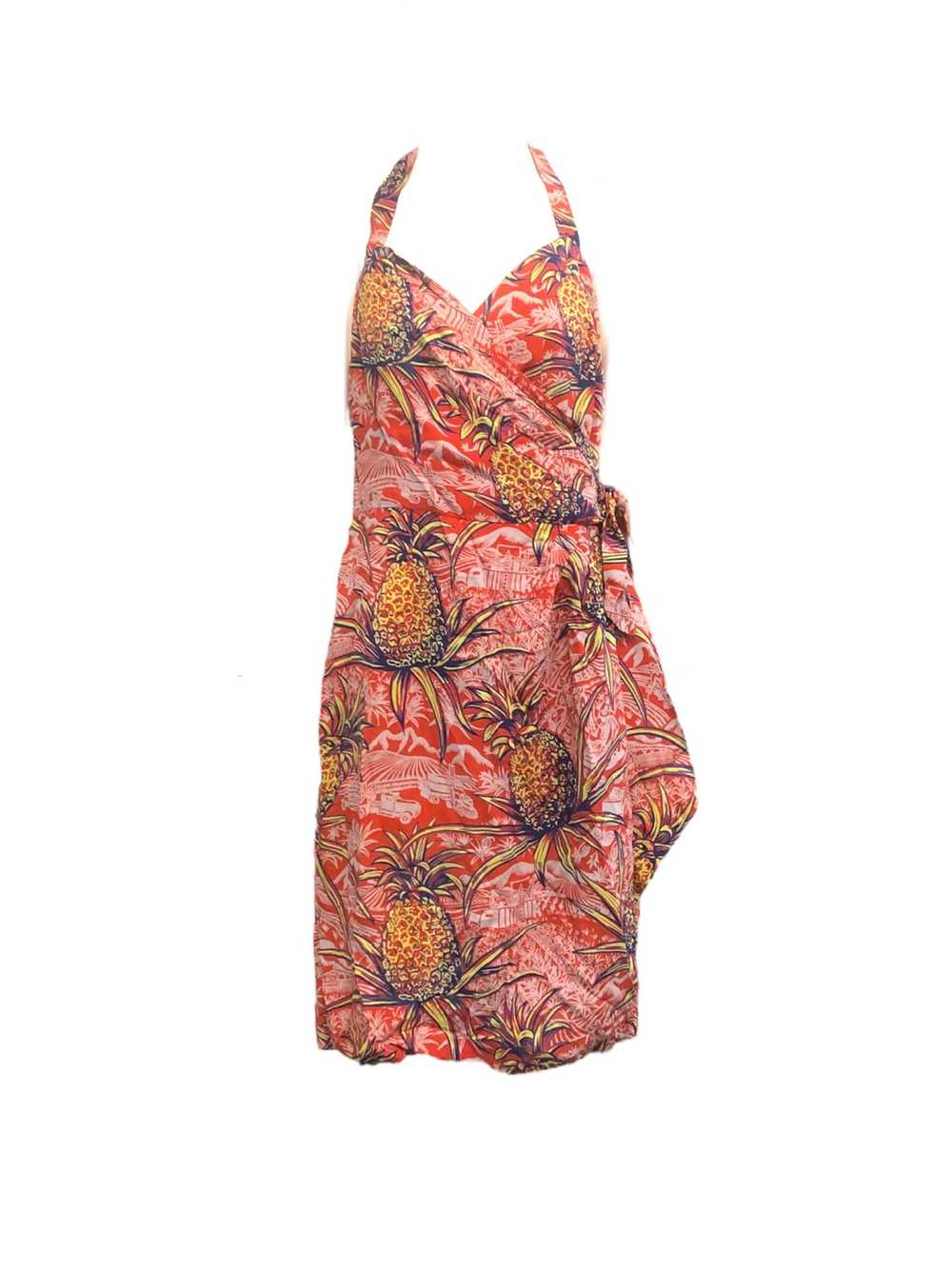 40s Rayon Red Hawaiian Pineapple Print Wrap Dress - image 1