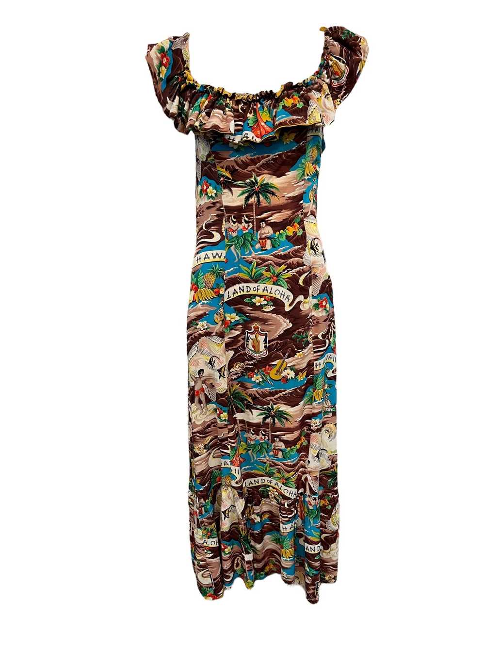 40s Hawaiian Brown Rayon Print Holomuu Dress - image 1