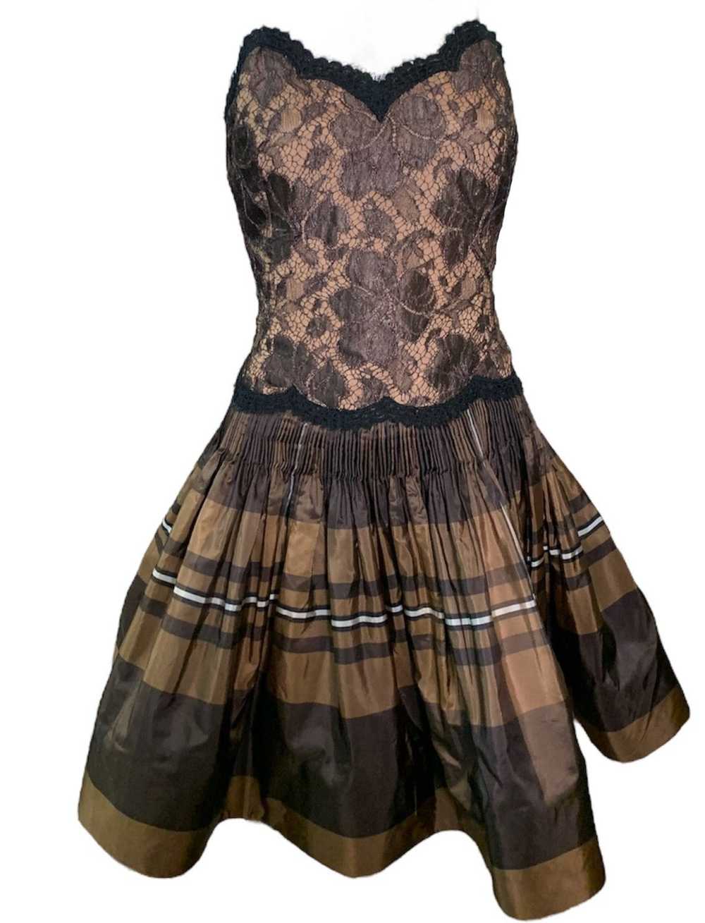 Geoffrey Beene 90s Brown Taffeta and Lace Tartan … - image 1