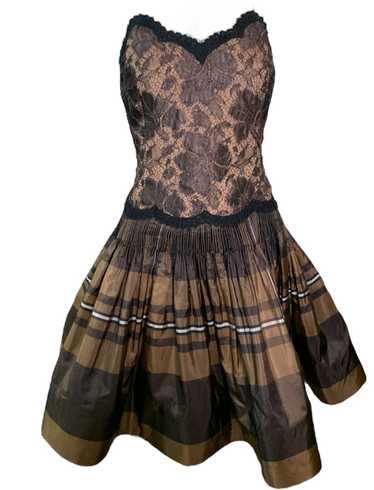 Geoffrey Beene 90s Brown Taffeta and Lace Tartan … - image 1