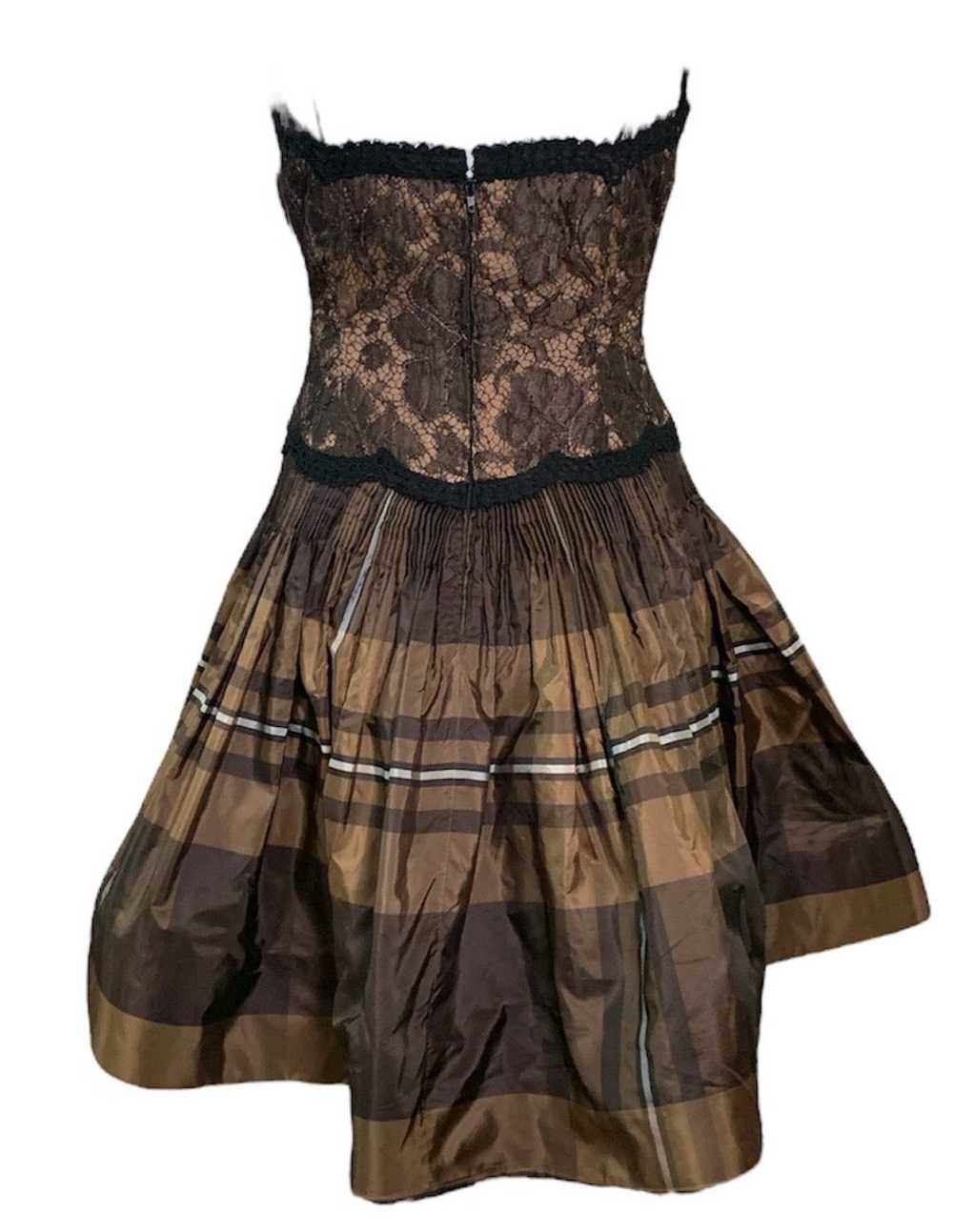 Geoffrey Beene 90s Brown Taffeta and Lace Tartan … - image 3