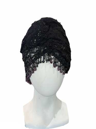 Kokin 80s Black Lace Turban with Beaded Fringe