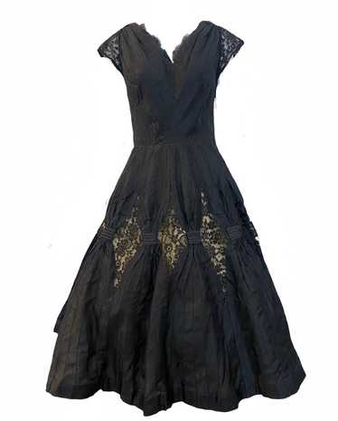 50s Charles Glueck Black Silk Taffeta Party Dress 