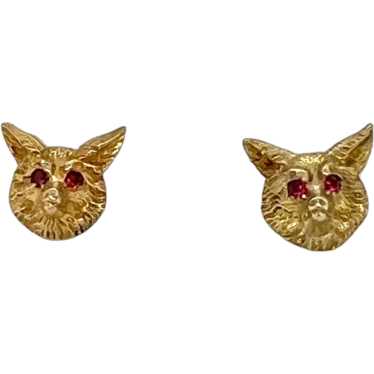 14K Gold Fox Pierced Post Earrings with Ruby Eyes… - image 1