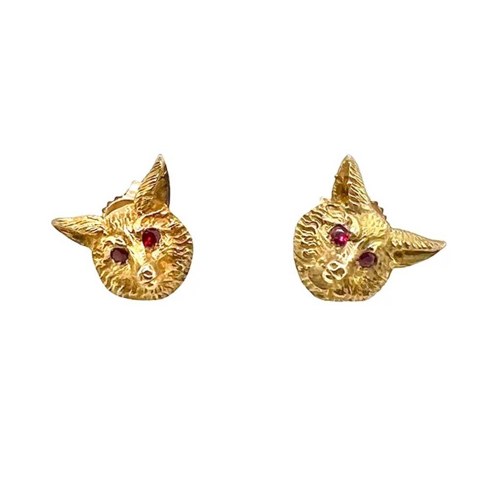 14K Gold Fox Pierced Post Earrings with Ruby Eyes… - image 2