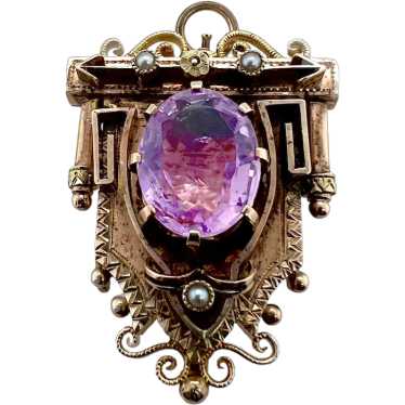 Victorian 14K Gold Amethyst & Seed Pearl Pendant … - image 1