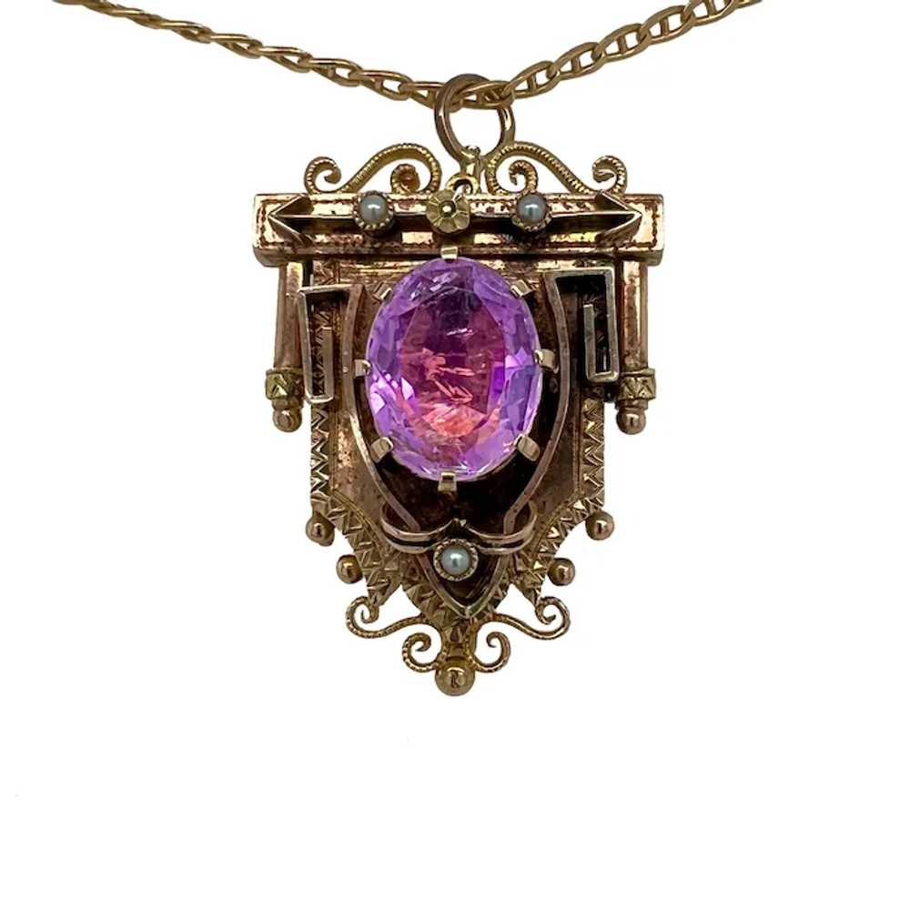 Victorian 14K Gold Amethyst & Seed Pearl Pendant … - image 2