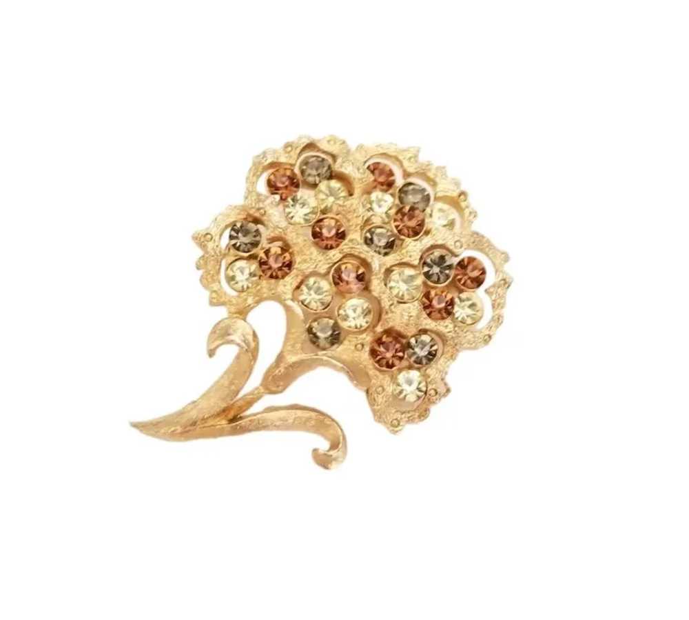 Coro Gold Tone Green Jonquil Rhinestone Flower Br… - image 2