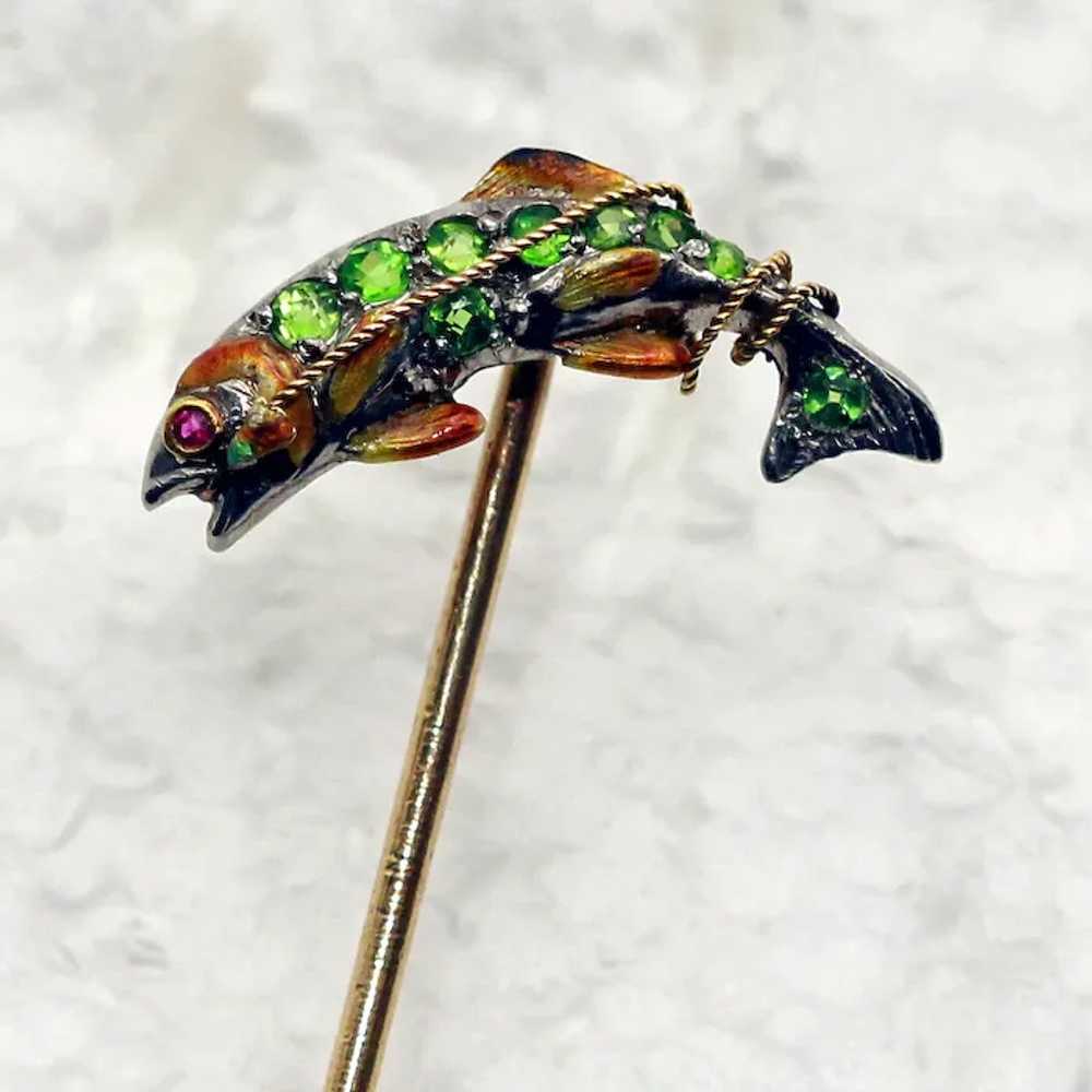 Fish stick pin brooch gold platinum demantoid gar… - image 11