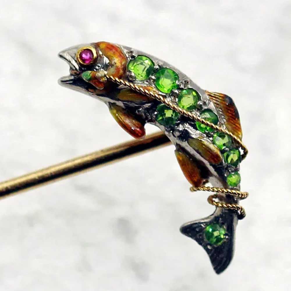 Fish stick pin brooch gold platinum demantoid gar… - image 2