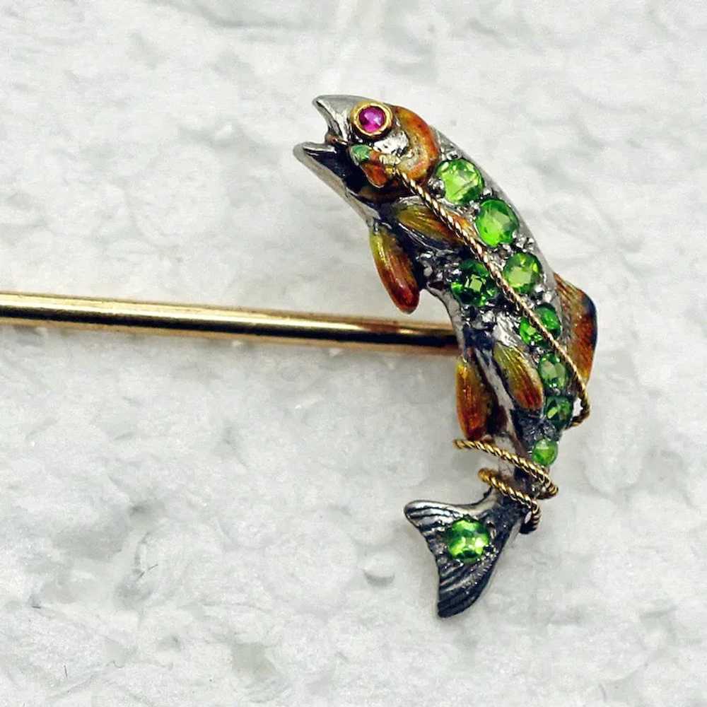 Fish stick pin brooch gold platinum demantoid gar… - image 3