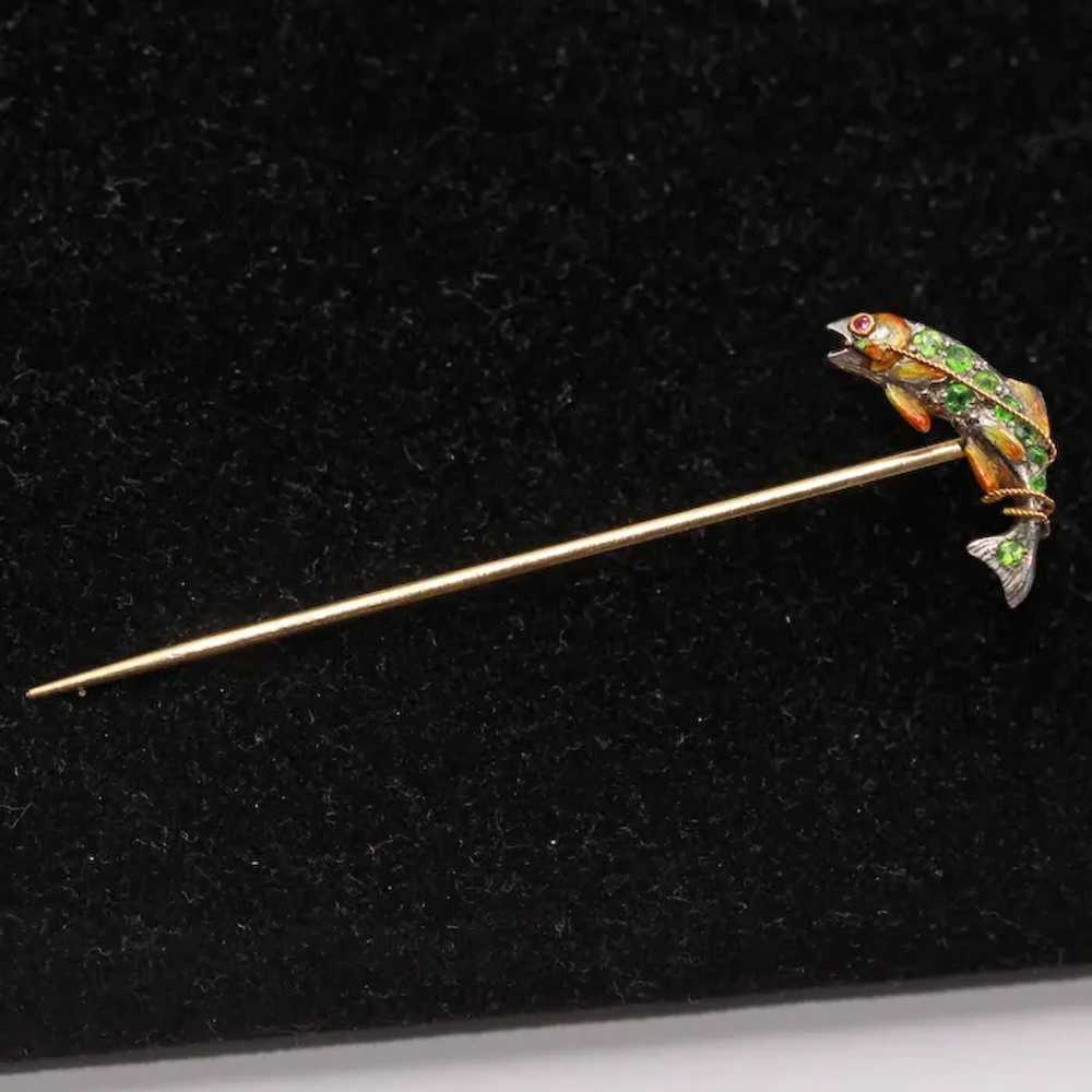 Fish stick pin brooch gold platinum demantoid gar… - image 7