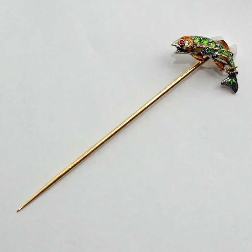 Fish stick pin brooch gold platinum demantoid gar… - image 8